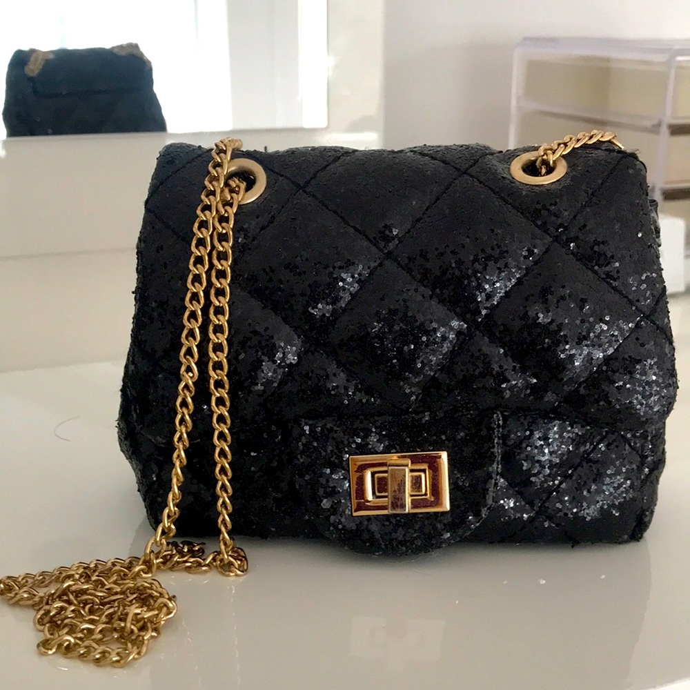 Sequin Black Kids Bag with Gold Chain